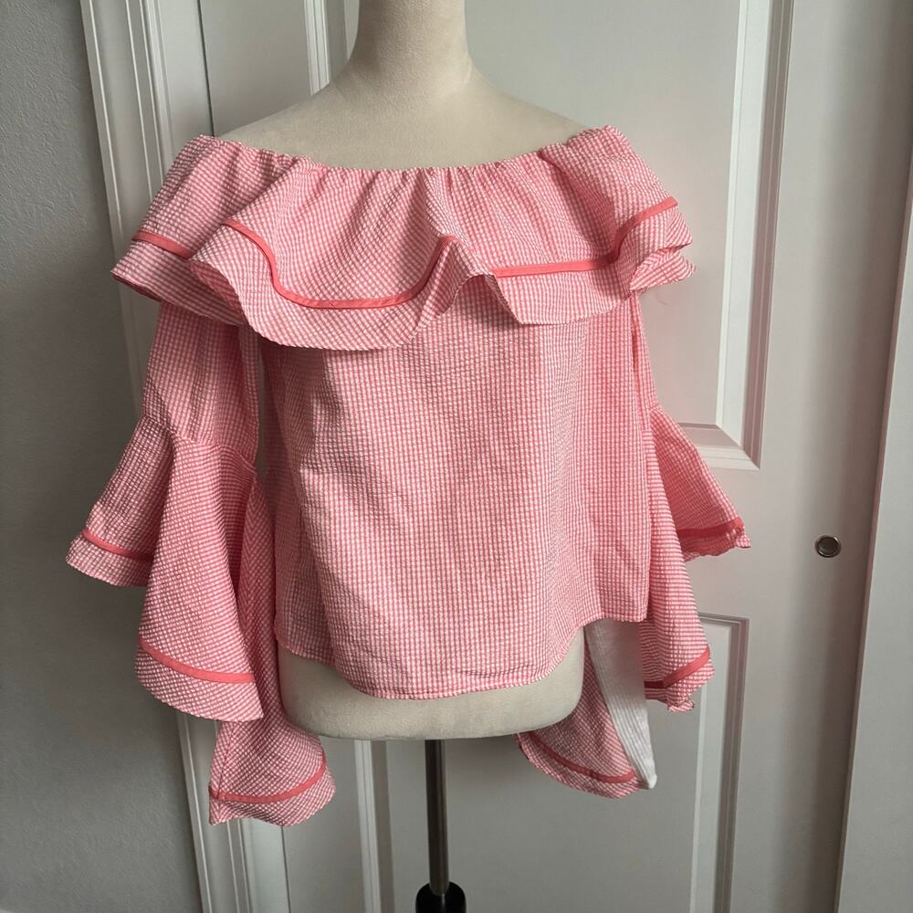 Sioni Pink Gingham Off The Shoulder Blouse Top Ruffle Flounce Bell Sleeve L
